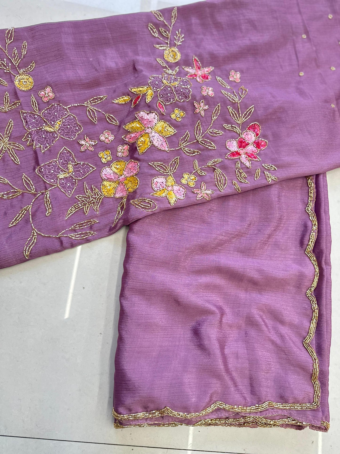 Party Wear Sari In Chinon Silk