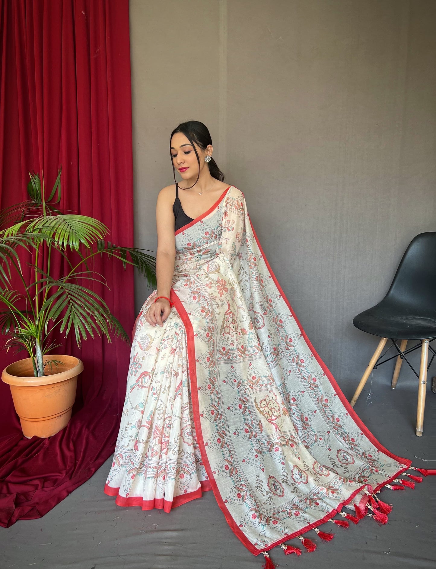 Office wear Sarees In Malai Cotton Kantha Stitch Prints