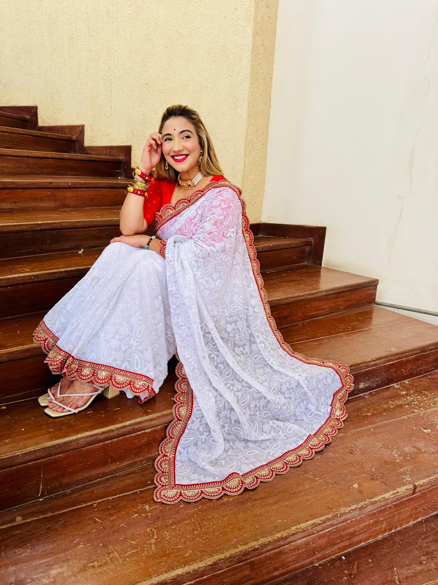 Durga Puja Saris In Georgette Chikankari