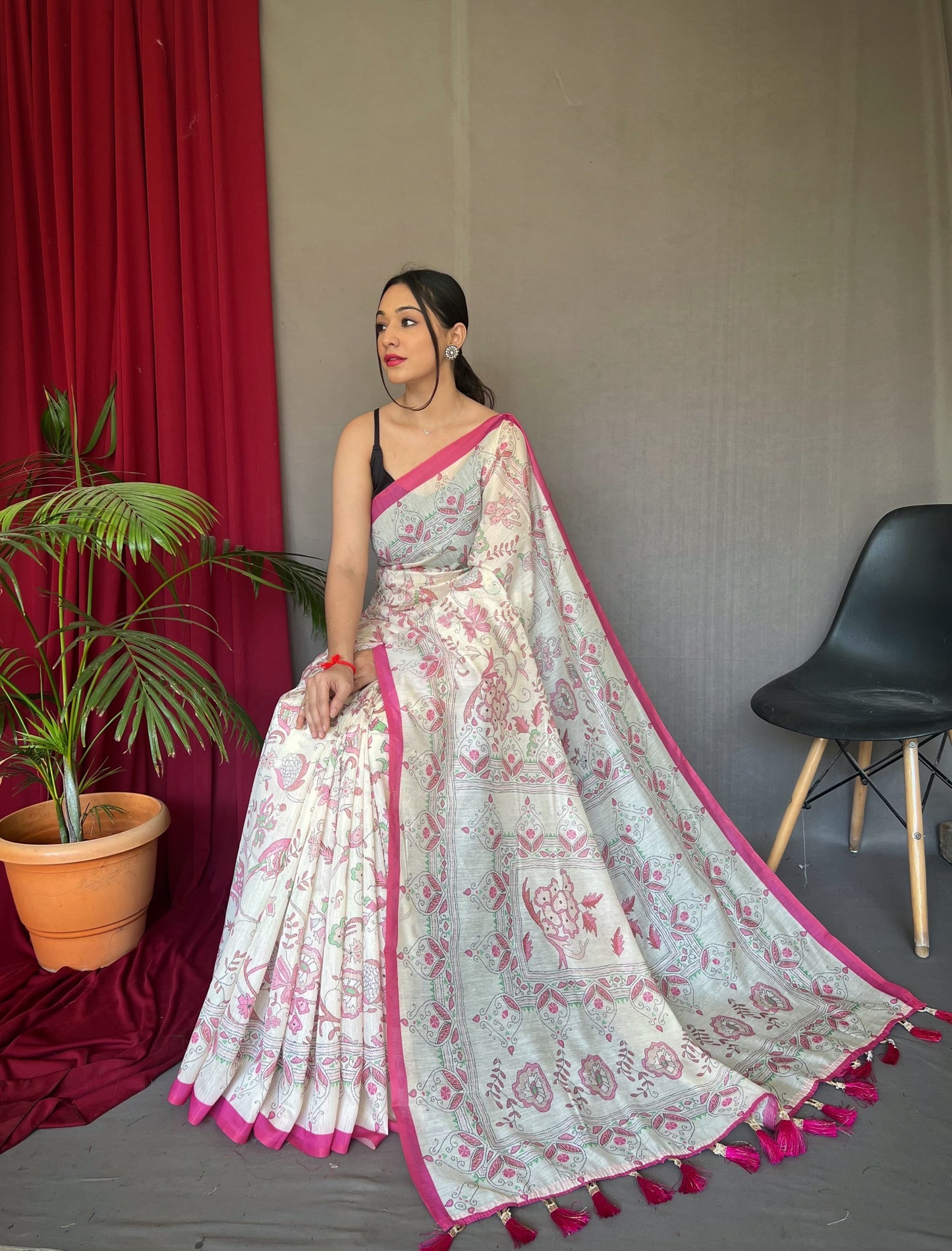 Office wear Sarees In Malai Cotton Kantha Stitch Prints