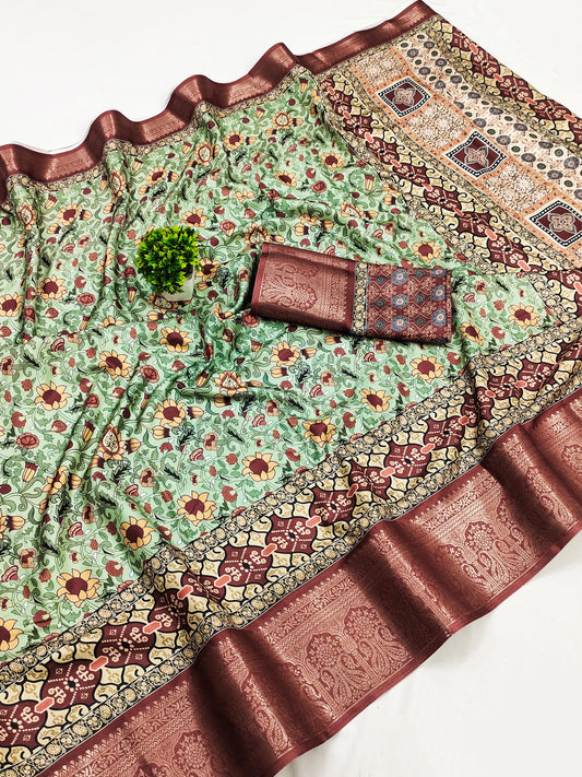 Trendy Kalamkari Print Saris In Dola Silk