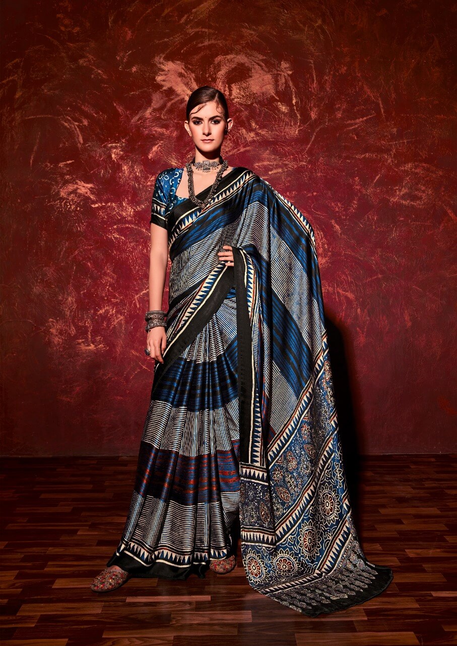 Blue Multicolored drapes in ajrakh prints in satin silk