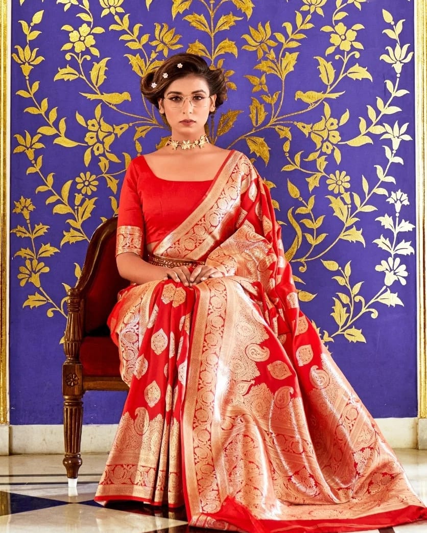 red bridal saree in pure banarsi silk