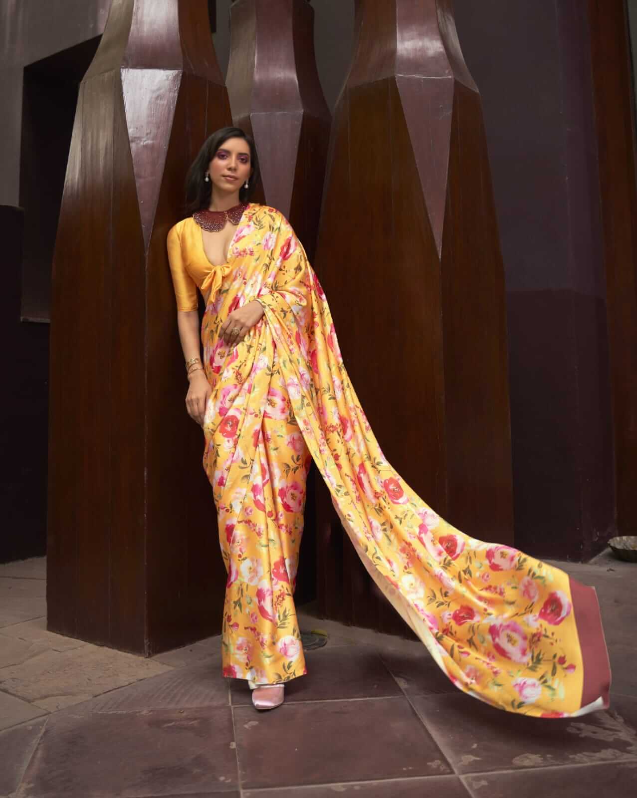 mustard sari in lovely floral print