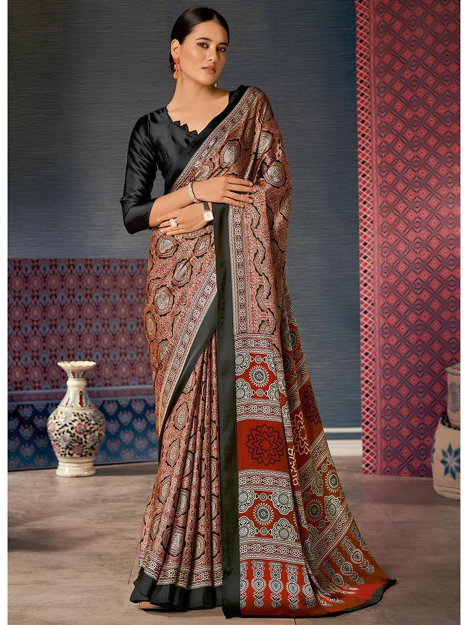 Evening Special Satin Ajrakh Saris