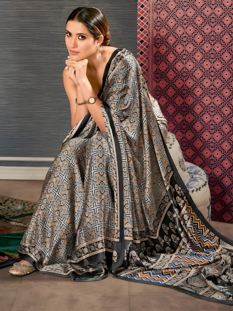 Evening Special Satin Ajrakh Saris