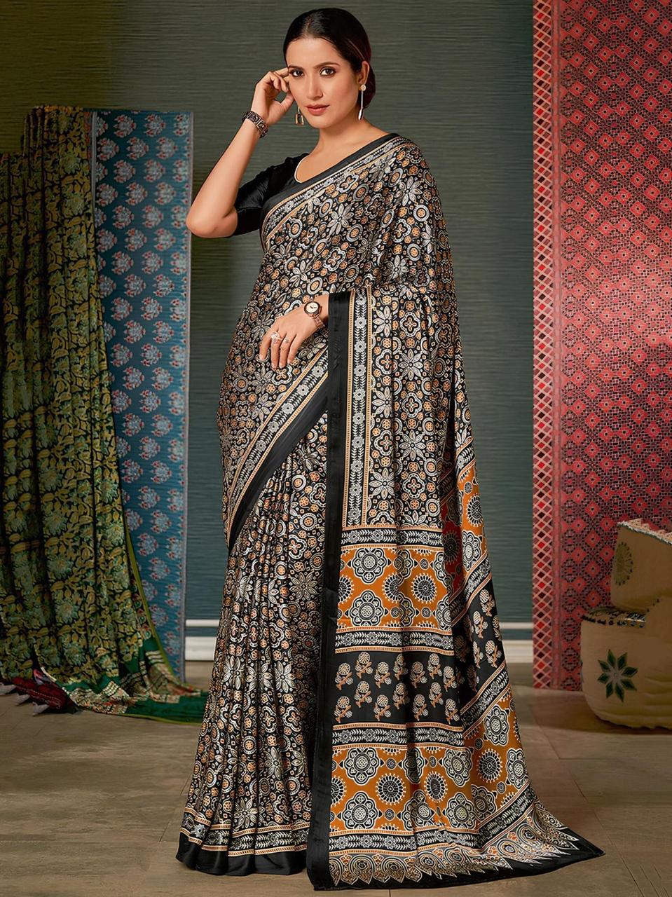 Evening Special Satin Ajrakh Saris