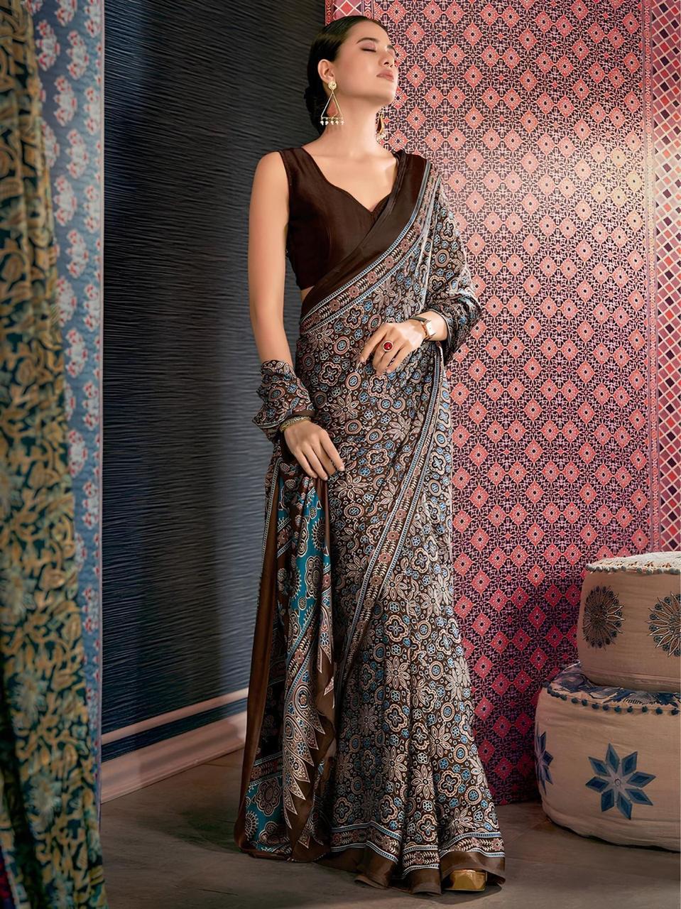 Evening Special Satin Ajrakh Saris