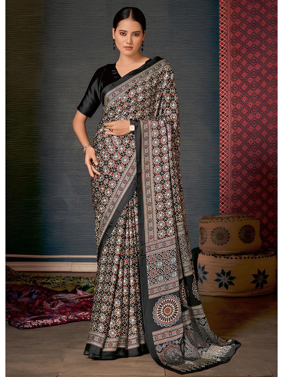 Evening Special Satin Ajrakh Saris