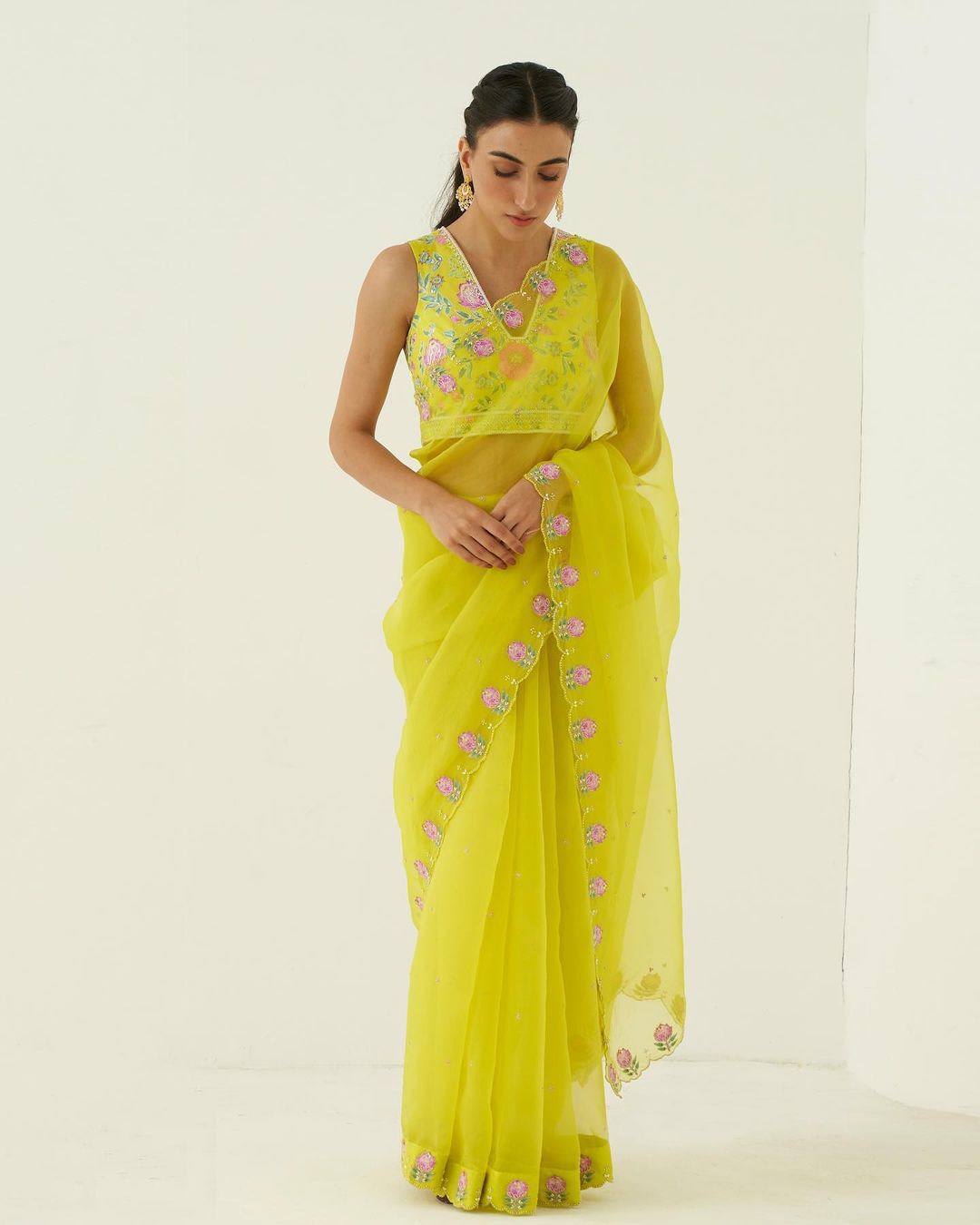 Destination Wedding Special Saris In Pure Organza In Yellow
