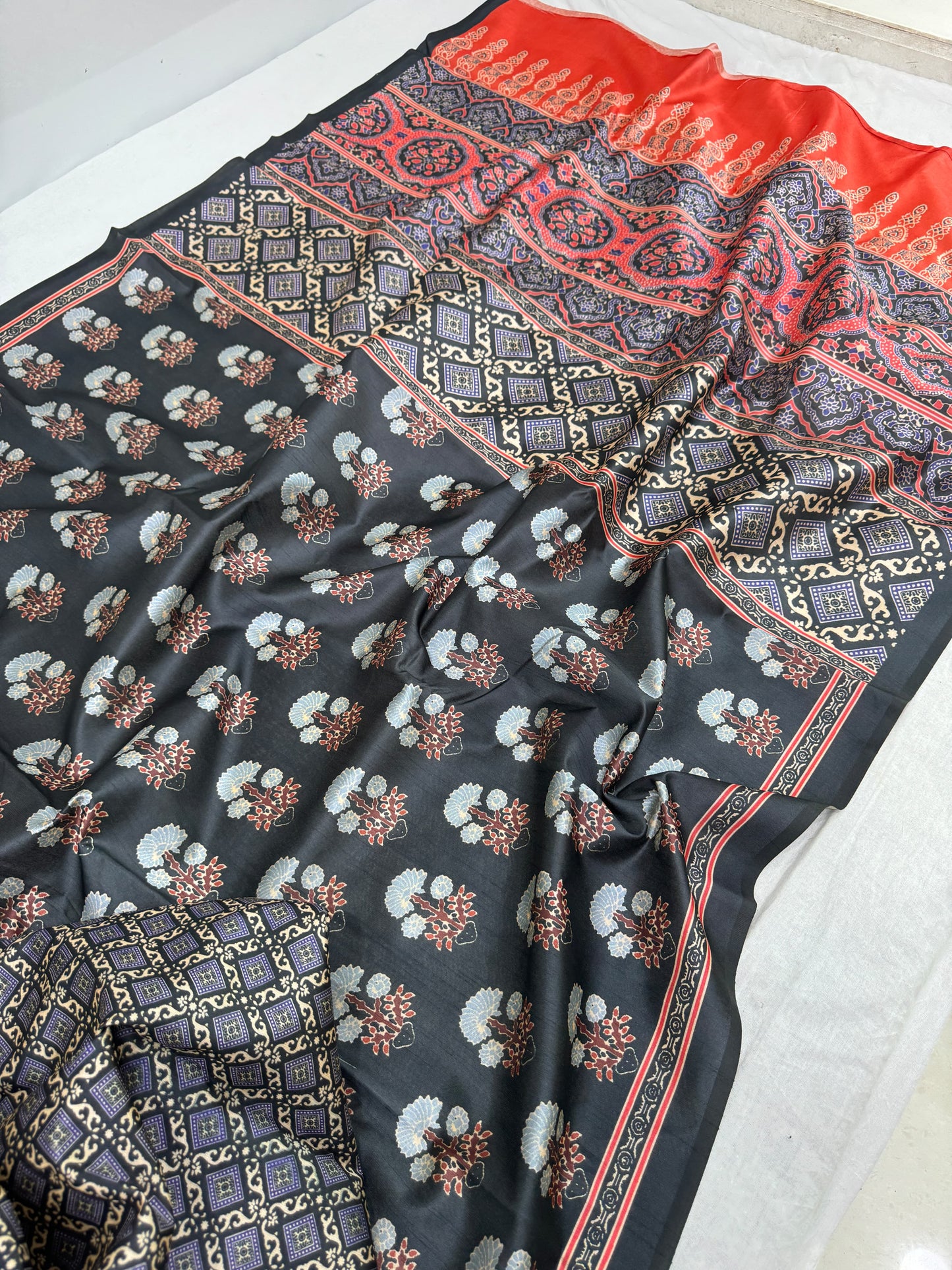 Festive Special Ajrakh Printed Drapes In Tussar Silk