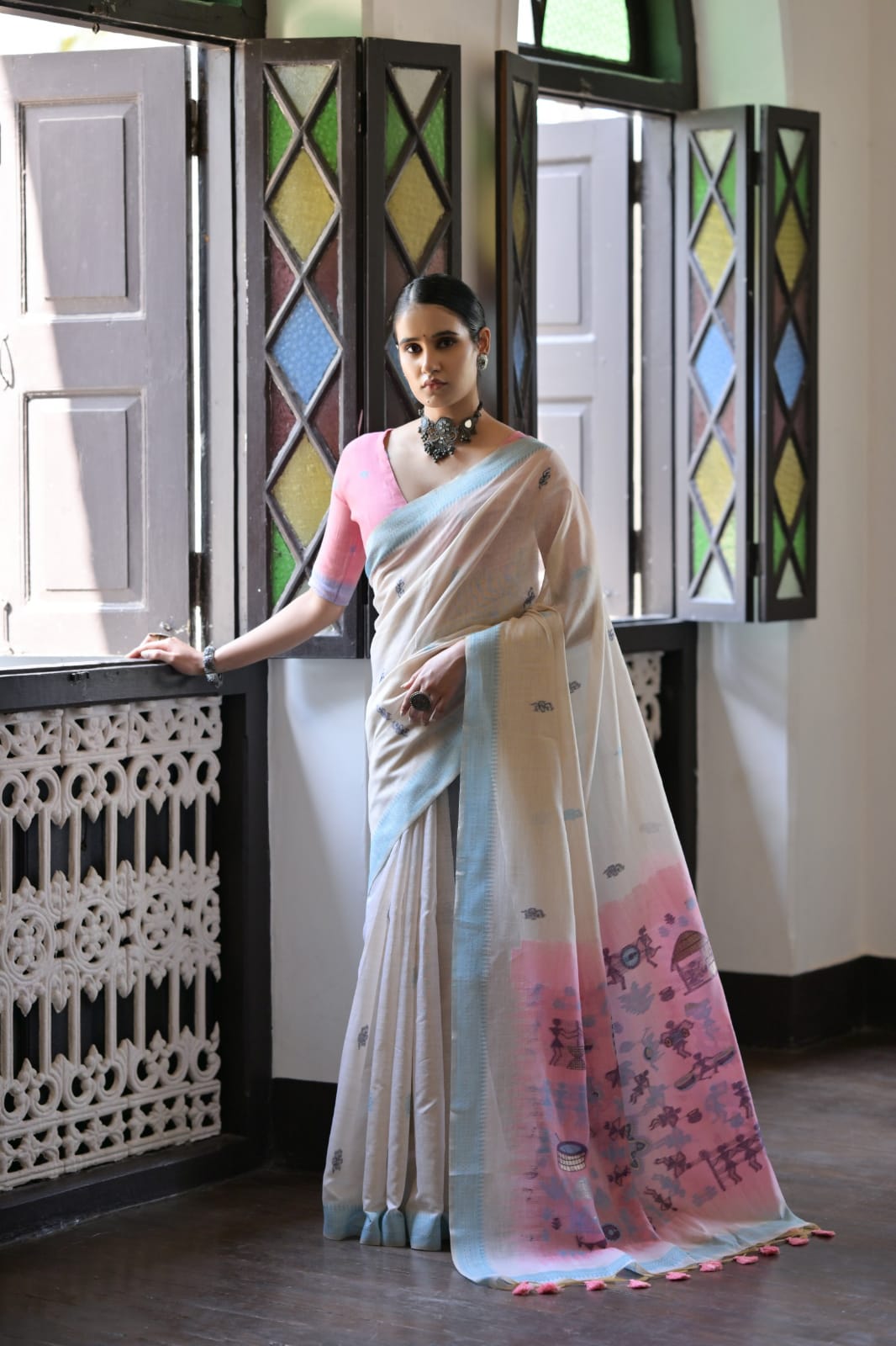 Muga Cotton With Warli Weaving Saree