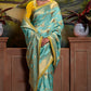 Beautiful Cyan Blue Dola Silk Saree Weaving Embroidery