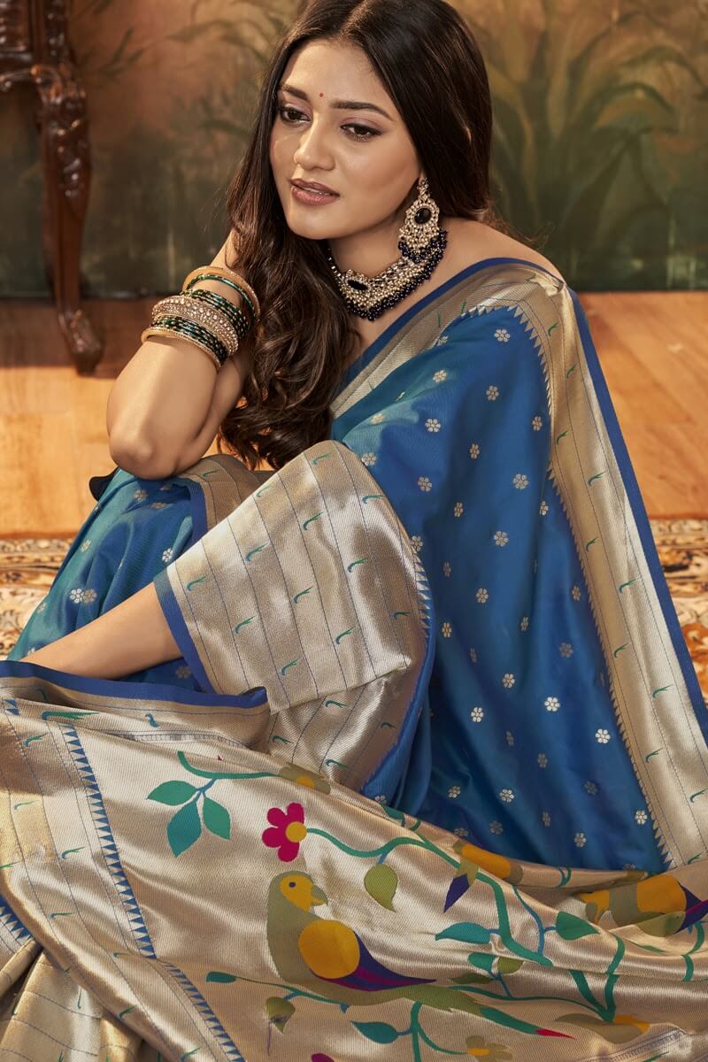 Blue Paithani Silk Designer Weaving Weddings Drape