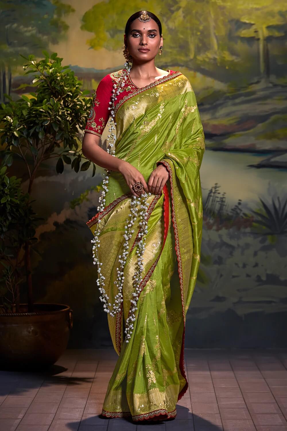 Designer Green Dola Silk Saree Weaving, Embroidery