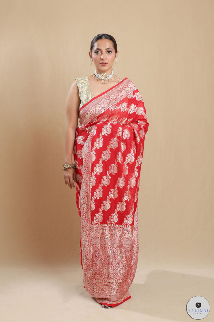 Jazz Red Pure Chiffon Wedding Saree -