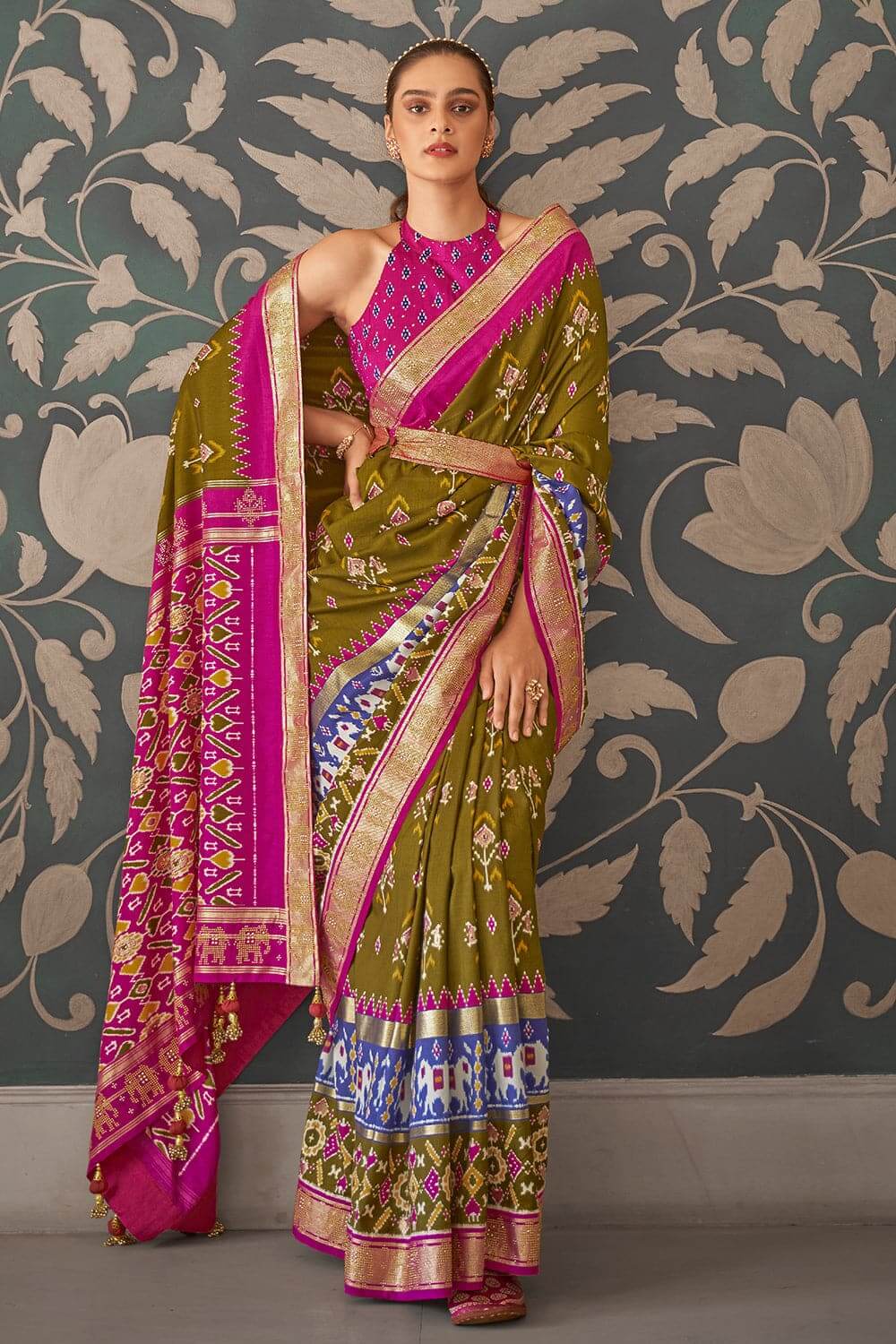 Mehandi Green & Purple Beautiful Patola Silk Printed Saree