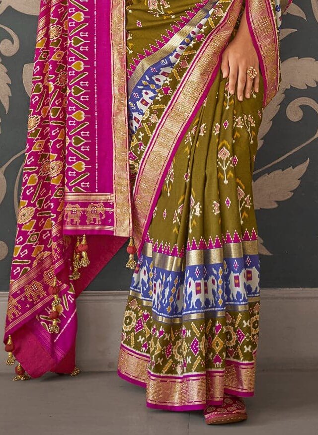 Mehandi Green & Purple Beautiful Patola Silk Printed Saree
