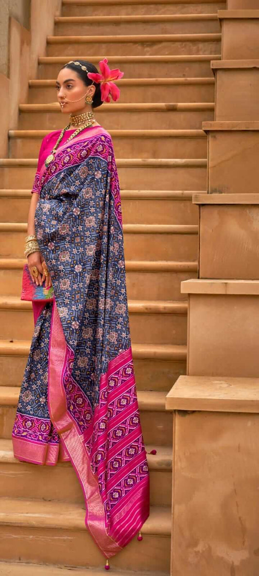 Blue and Purple Ikkat Patola Silk Designer Saree