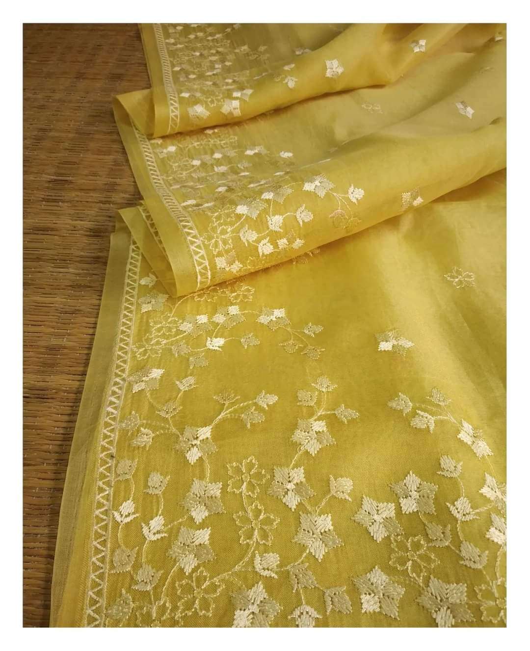 Yellow Pure organza Silk chikankari worked saree