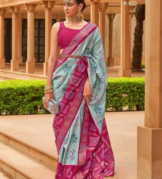 Sky Blue and Pink Patola Silk designer saree for weddings