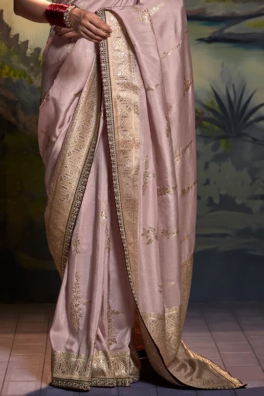 Designer Dola Silk Saree Weaving and Embroidery (Beigish Pink Tone)