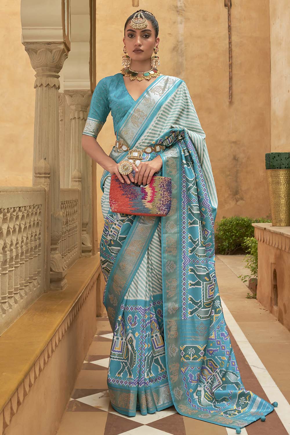 Sky Blue Patola Silk Weaving Saree
