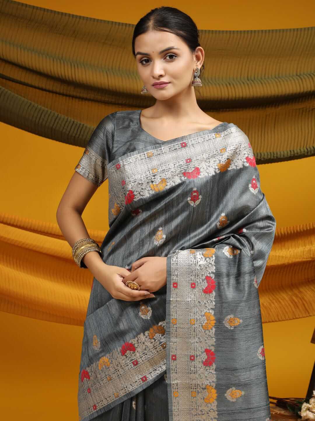 grey saree with simple blouse