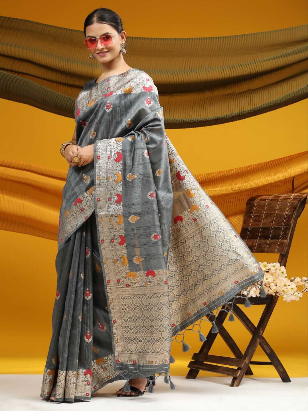 grey sari with simple blouse